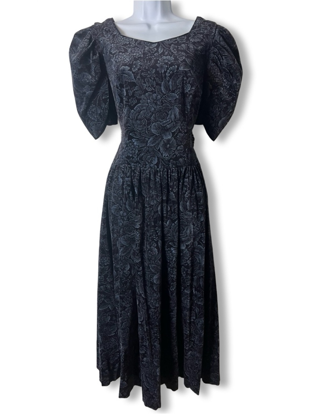 Laura Ashley VTG Dark Floral Velvet Midi Tea Dress Puff Sleeves Deadstock NWT 12